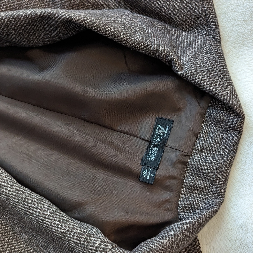 Chocolate brown tweed skirt suit jacket sz 8 skirt sz 12 - Picture 9 of 16